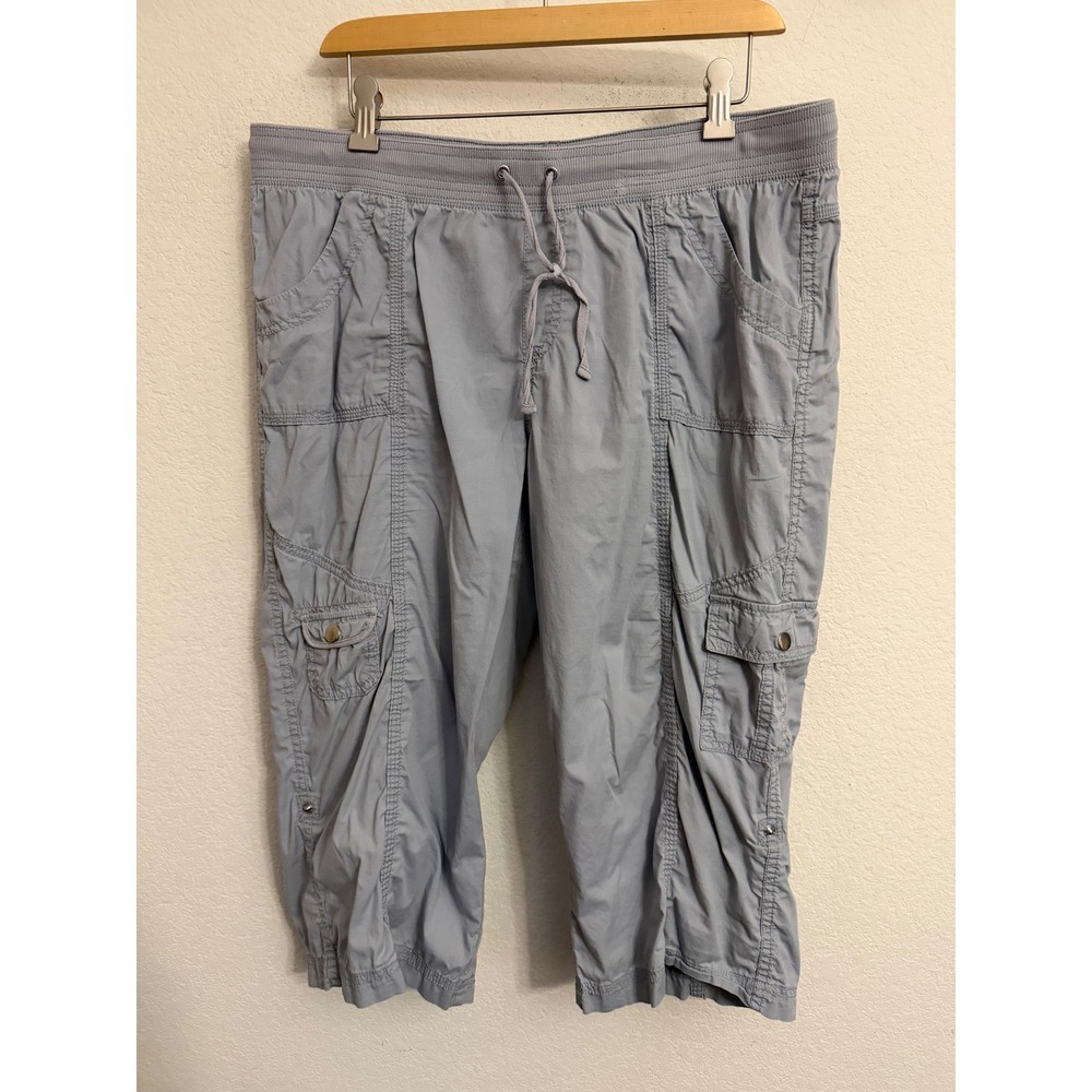 Style & Co Sport Blue Grey Cargo Capri Pants 12 Drawstring Waist Roll Tab Hem